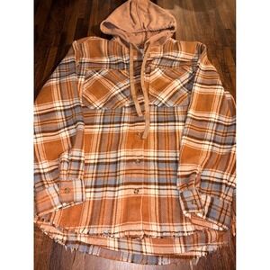 Wallflower Plaid Hooded Flannel Shacket Brown Blue‎ Raw Hem Shirt Jacket Large